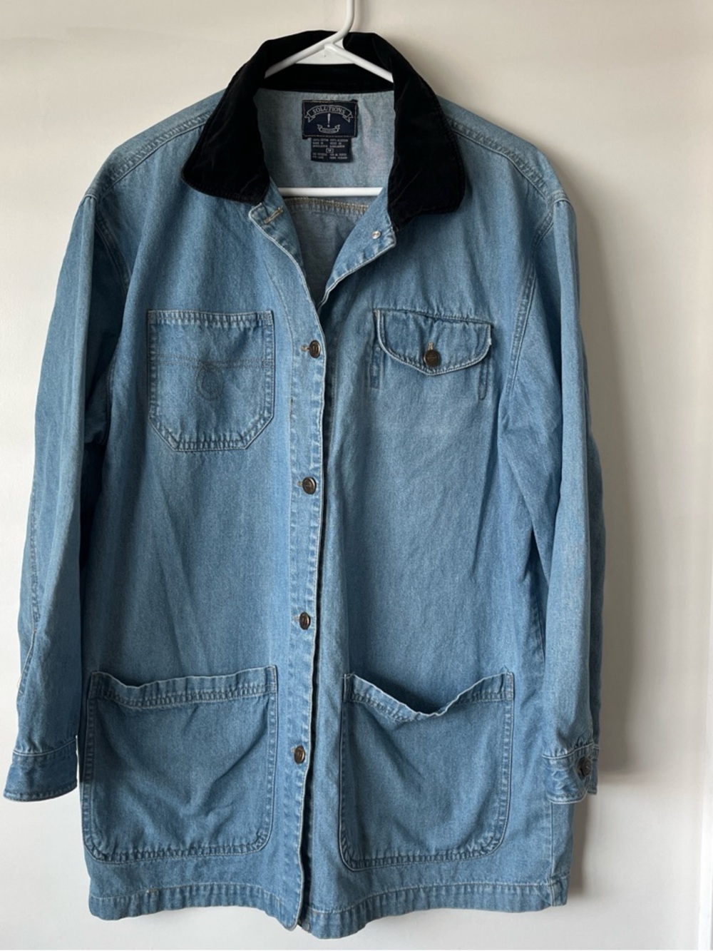 Vintage Light Wash Denim Barn Coat with Black Collar